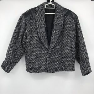 Vintage Wool Coat with Leather Details Black, White and Gray Size 42